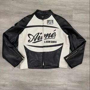 Aime Leon Dore Lamb Leather Café Racer Jacket in Black/White Size S